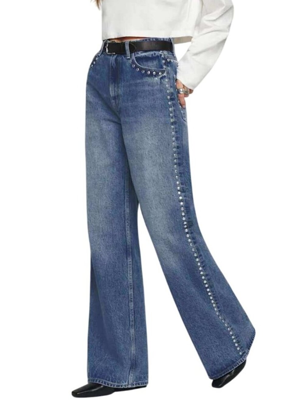 Reformation Cary High Rise Slouchy Wide Leg Jeans Chesapeake Studded 25